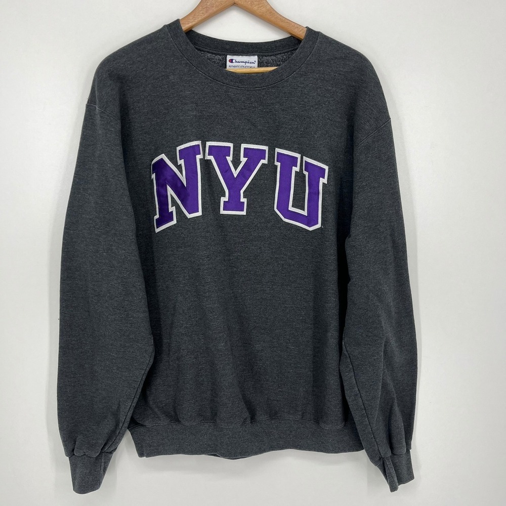 Champion NYU Sweatshirt Mens Large Charcoal Grey Heathered Pullover New York Uni